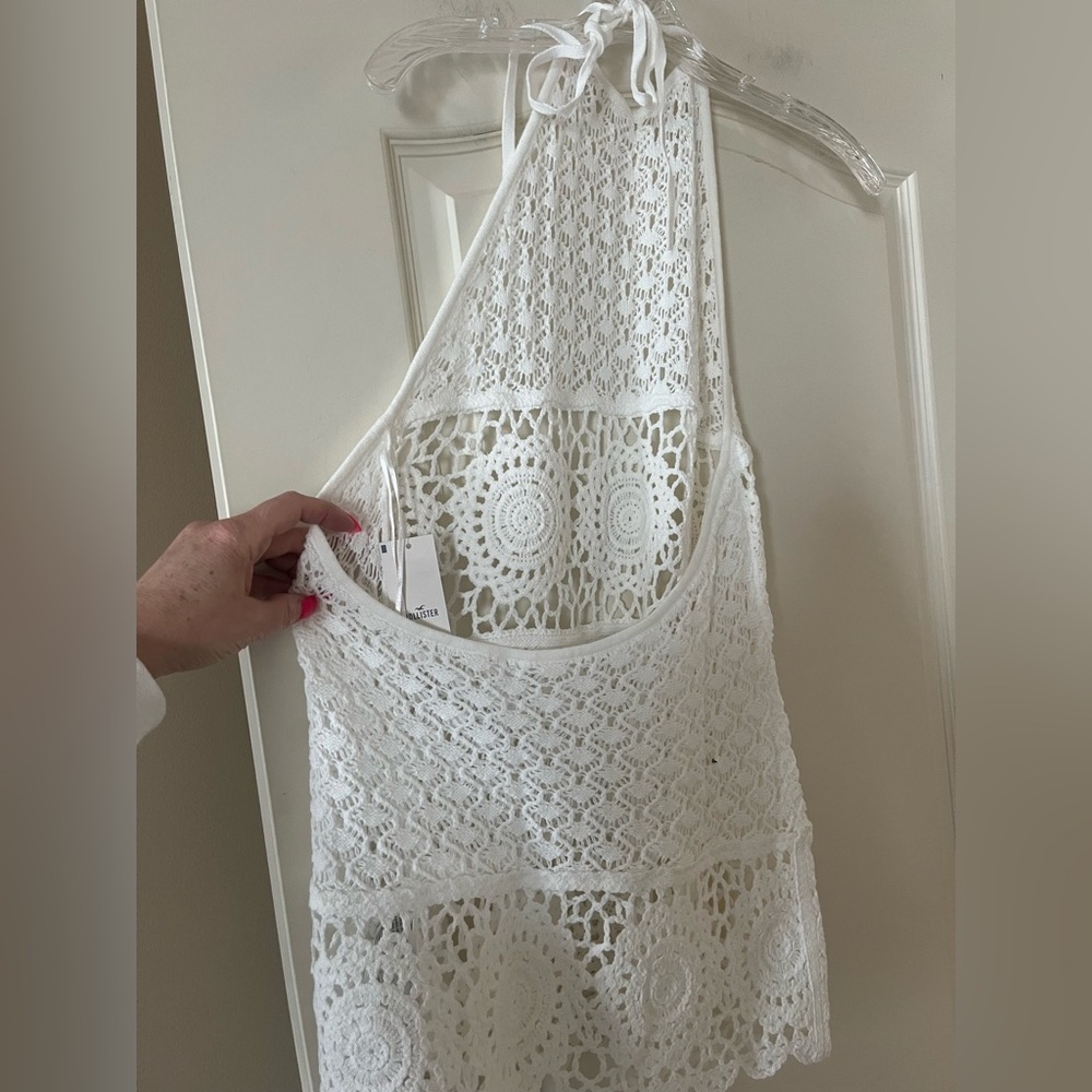 New! Hollister Swim Coverup White Crochet Backless with Neck Tie Size Small - Picture 4 of 12